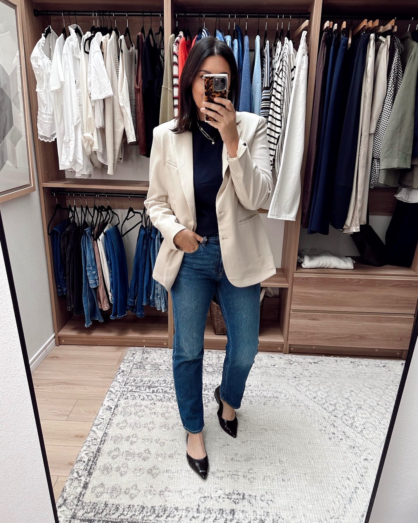 You know I love an oversized blazer! I picked up this off-white one for fall and I almost wish it was just a touch more oversized. I am in the large, so true to size but I am loving the VERY big blazers lately, like 1980s big. So I might swap for an XL, but otherwise it IS true to size in a loose fit.

I'm in the 30 of the Gap jeans! 

 