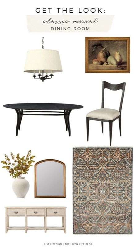 traditional classic modern dining room. interior design. home decor. black oval dining table. traditional handwoven wool rug. cream whitewash sideboard. buffet. dining room cabinet. traditional drum shade chandelier. vintage still life fruit art painting. antique art. traditional black upholstered dining chair. open back dining chair. brass arch mirror. cream vase. ceramic vase. 

#LTKSeasonal #LTKHome #LTKStyleTip