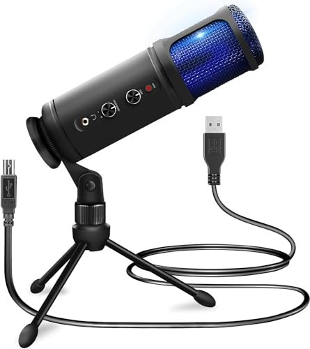 JOVIAL USB PC Recording Condenser Microphone - Blue LED, Adjustable Gain, Headphone Jack, Mute Control, Tripod Stand - Portable Pro Audio Condenser Desk Mic for Podcast Streaming Gaming | Amazon (US)