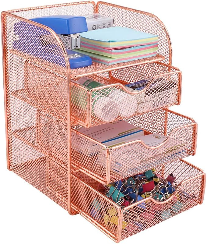 PAG Rose Gold Desk Organizer Stick Note Holder Mesh Office Supplies and Accessories Storage Caddy... | Amazon (US)