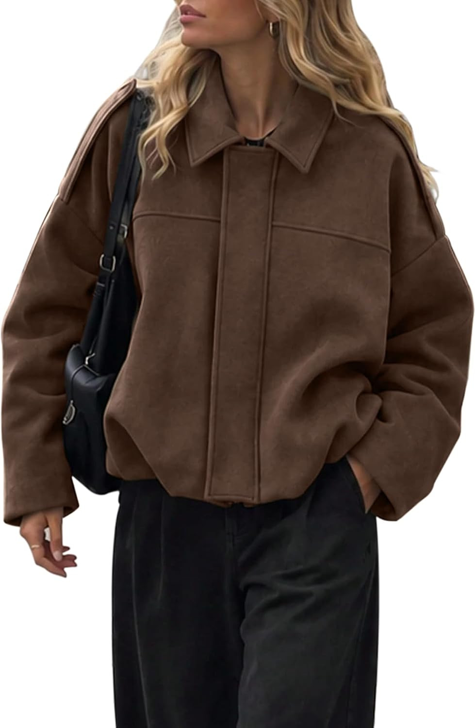 Womens Faux Suede Bomber Jacket Fall Oversized Long Sleeve Coats | Amazon (US)