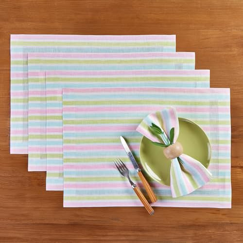 Solino Home Easter Cloth Placemats Set of 4-100% Pure Linen Multicolor Palm Beach Stripe Placemats 14 x 19 Inch - Washable Fabric Place Mats | Amazon (US)