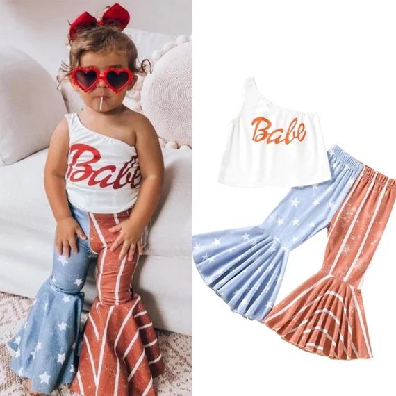 Boho Toddler Little Girls 4th of July Outfit Red White Blue Letter Print Top Stars & Stripes Bell... | Etsy (US)
