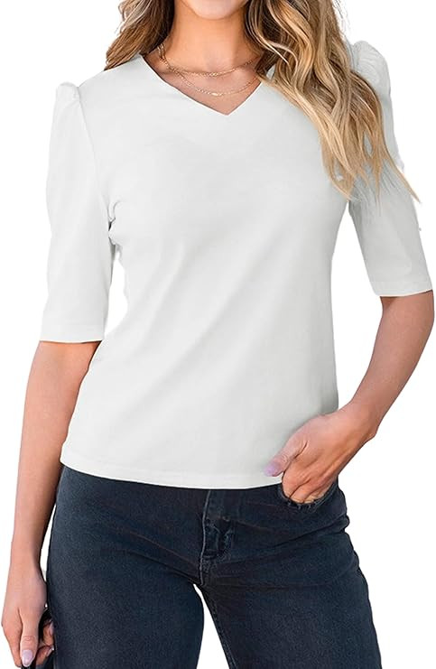 ECOWISH Womens Short Sleeve Shirts: Summer Dressy Casual V Neck Ribbed Knit Fashion Work Tops Sex... | Amazon (US)