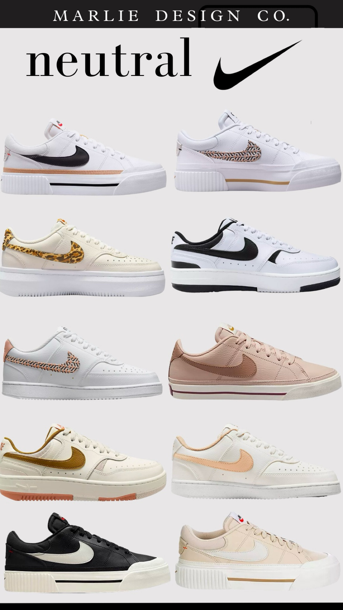 Neutral Nikes | neutral sneakers for women | court vision | court legacy | Air Force one | Nike | animal print Nikes | blush Nike | black Nike | white Nike | beige Nike | academy sports | rack room shoes 

#LTKsalealert #LTKfindsunder100 #LTKshoecrush