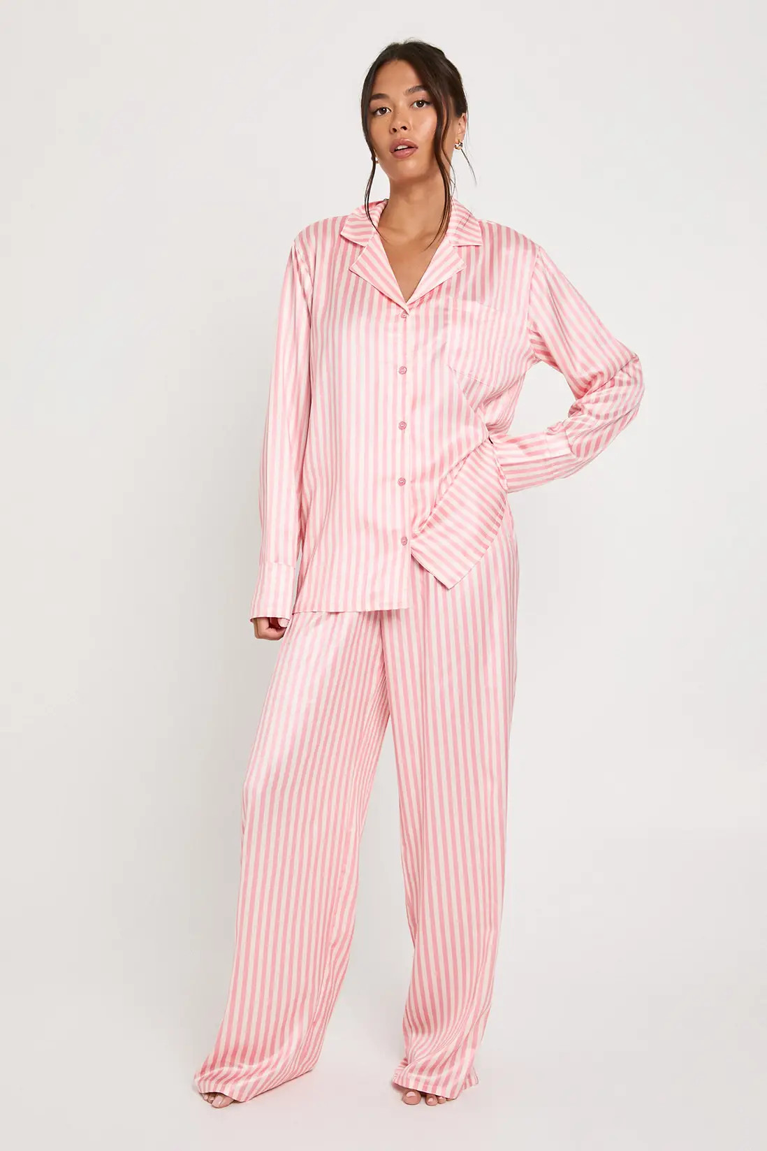 Oversized Satin Stripe Long Sleeve Shirt & Trousers Pyjama Set | boohoo (US & Canada)