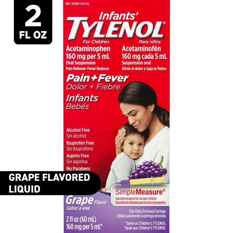 Infants' Tylenol Oral Suspension, Fever Reducer and Pain Reliever, Grape, 2 fl oz | Walmart (US)