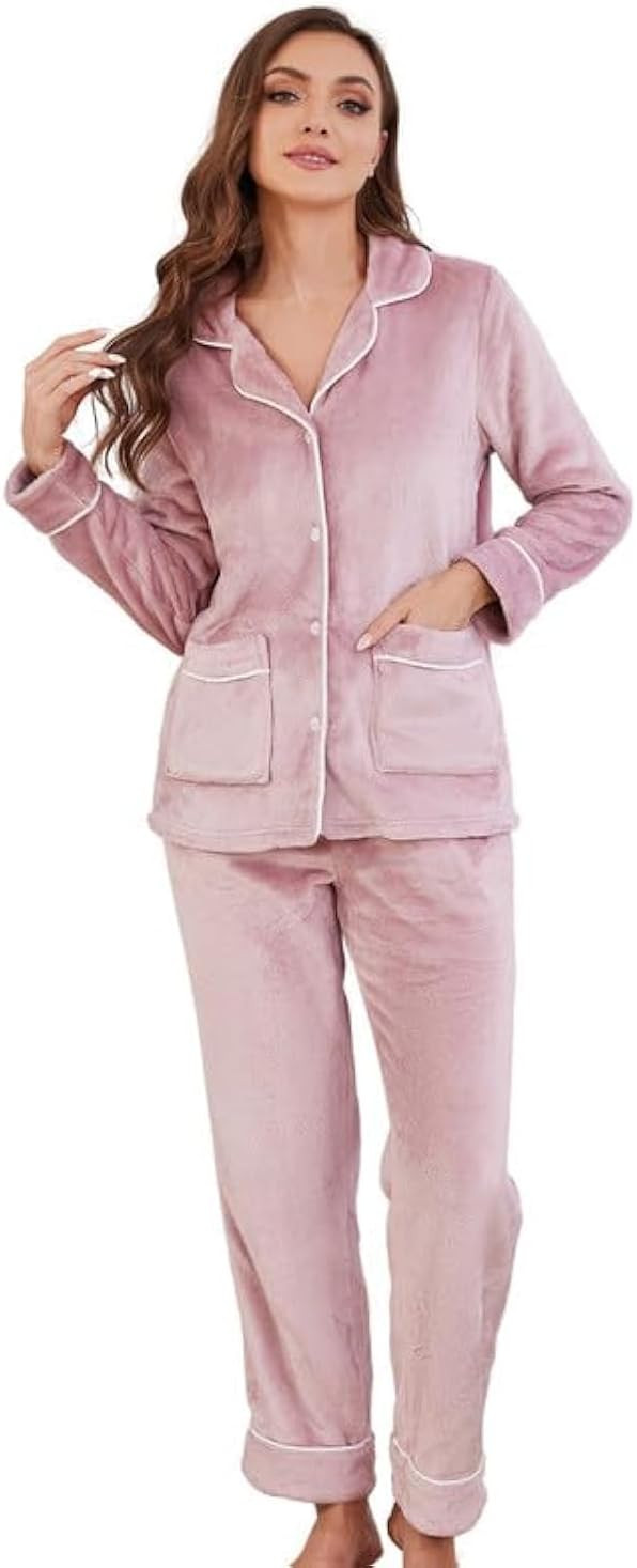 Women Fleece Pajama Set, Long Sleeve Button-Down Soft Comfy Two-Piece Sleepwear Lounge Set | Amazon (US)