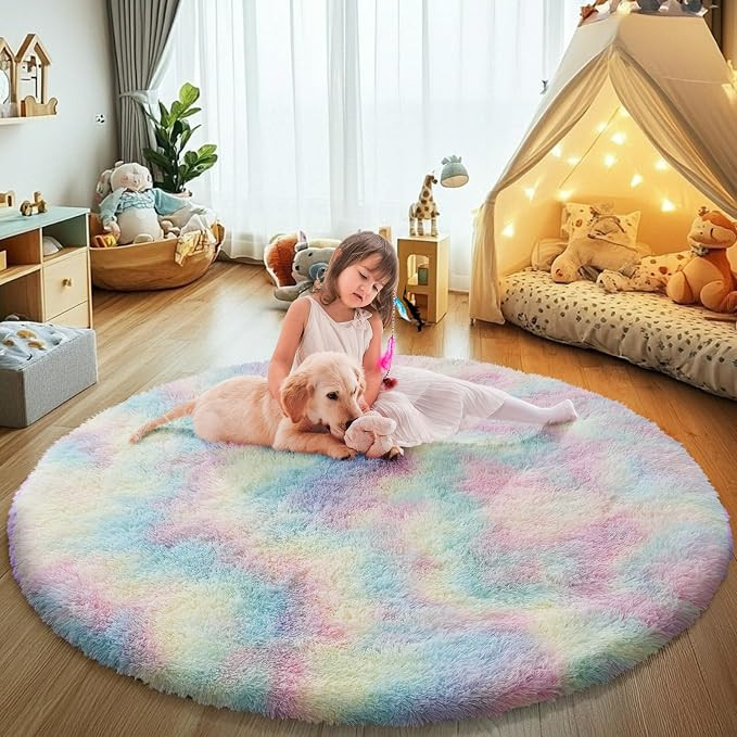 Rainbow Fluffy Round Area Rugs for Bedroom,6'X6'Shag Circle Area Rugs for Girls Room,Non Slip Fuz... | Amazon (US)