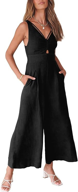 ANRABESS Women's Jumpsuits Summer Wide Leg Sleeveless V Neck Casual Dressy Linen Pants Rompers 20... | Amazon (US)