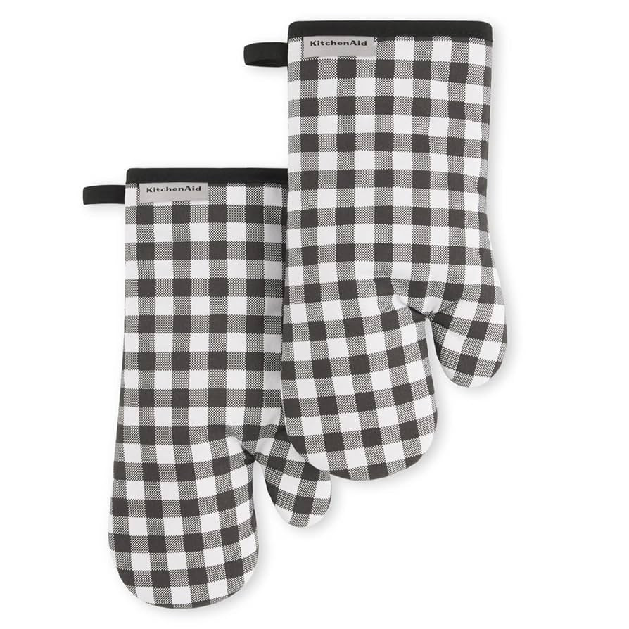 KITCHENAID Gingham Oven Mitt 2-Pack Set, Matte Black, 7"x13" | Amazon (US)