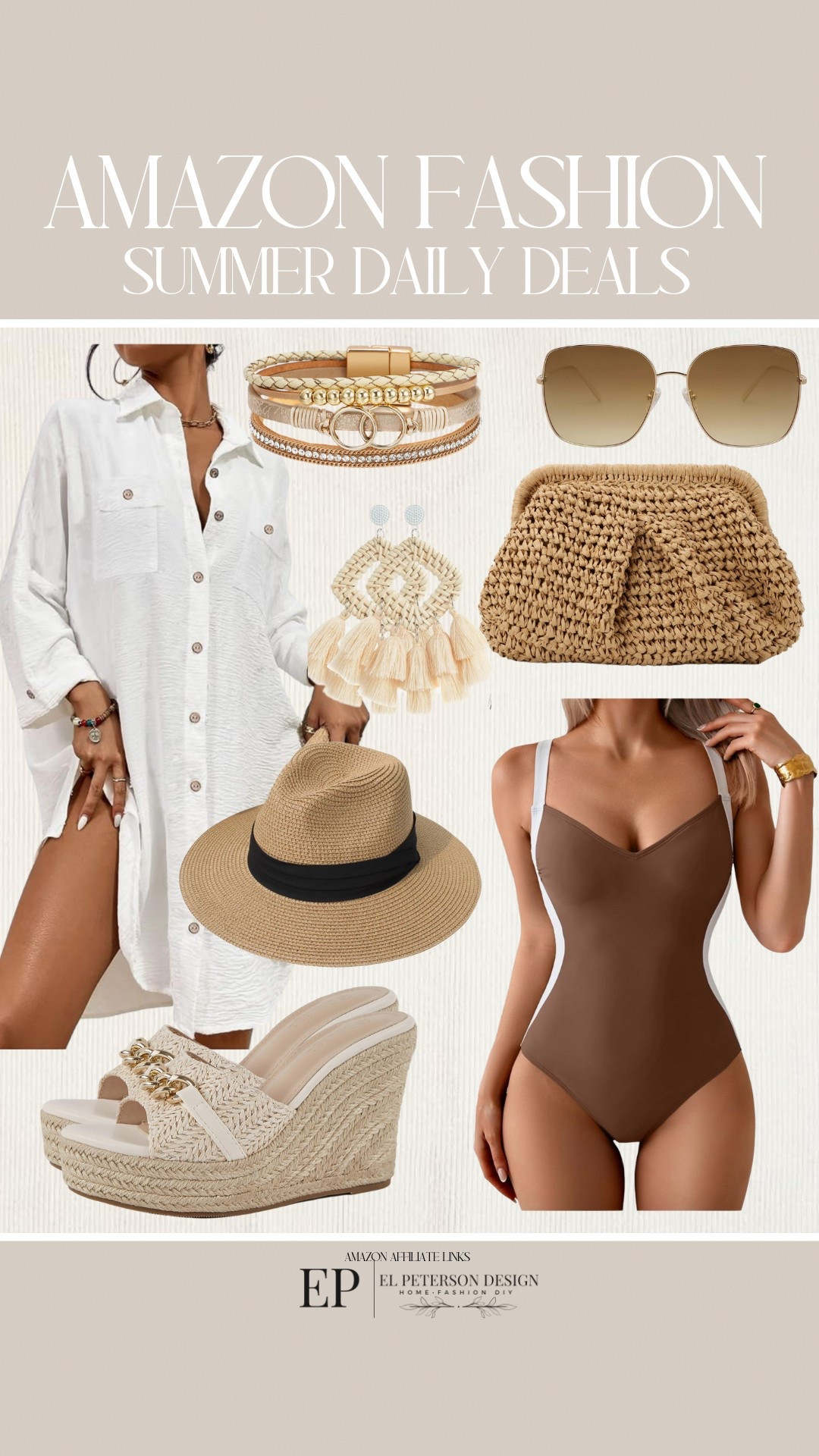 Amazon 
Summer daily deals 
Swim cover up
Hat
Bathing suit
Purse
Sunglasses
Wedges
Earrings 
Bracelet 

#LTKFindsUnder100 #LTKStyleTip #LTKFindsUnder50