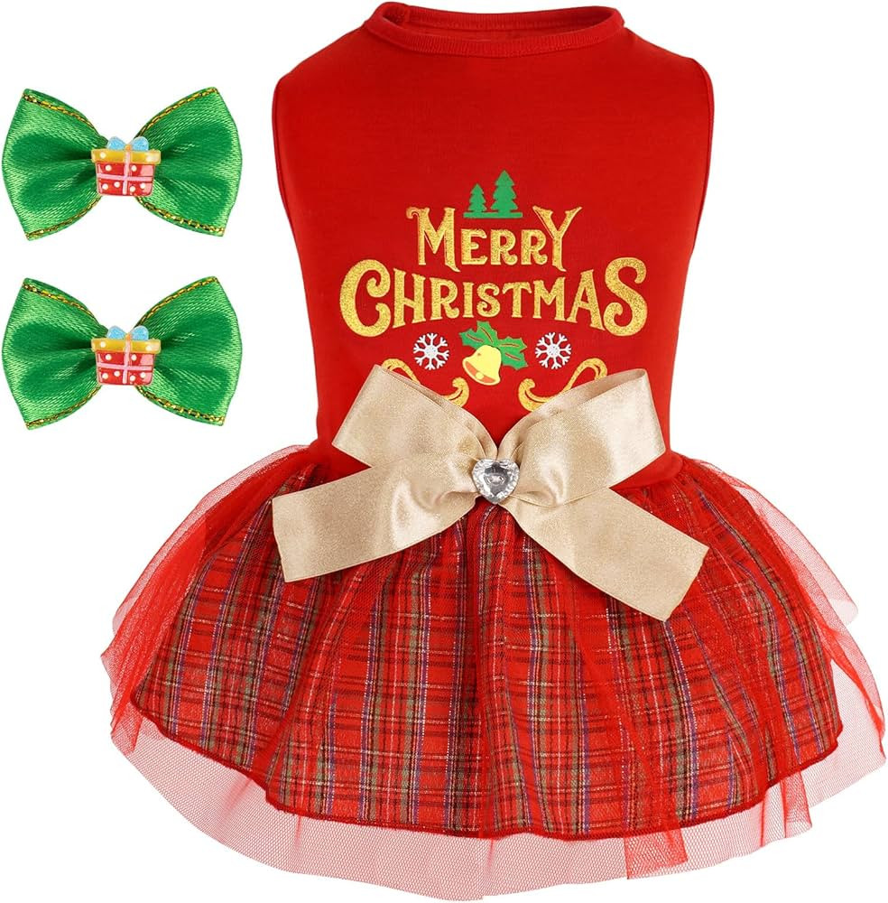 cyeollo Dog Dress Plaid Christmas Holiday Theme Girl Pet Clothes with Bowtie Doggie Outfits Festi... | Amazon (US)
