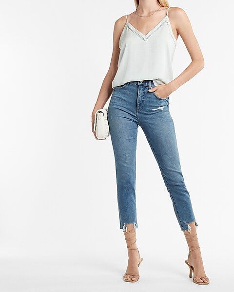 Super High Waisted Ripped Raw Step Hem Supersoft Mom Jeans | Express