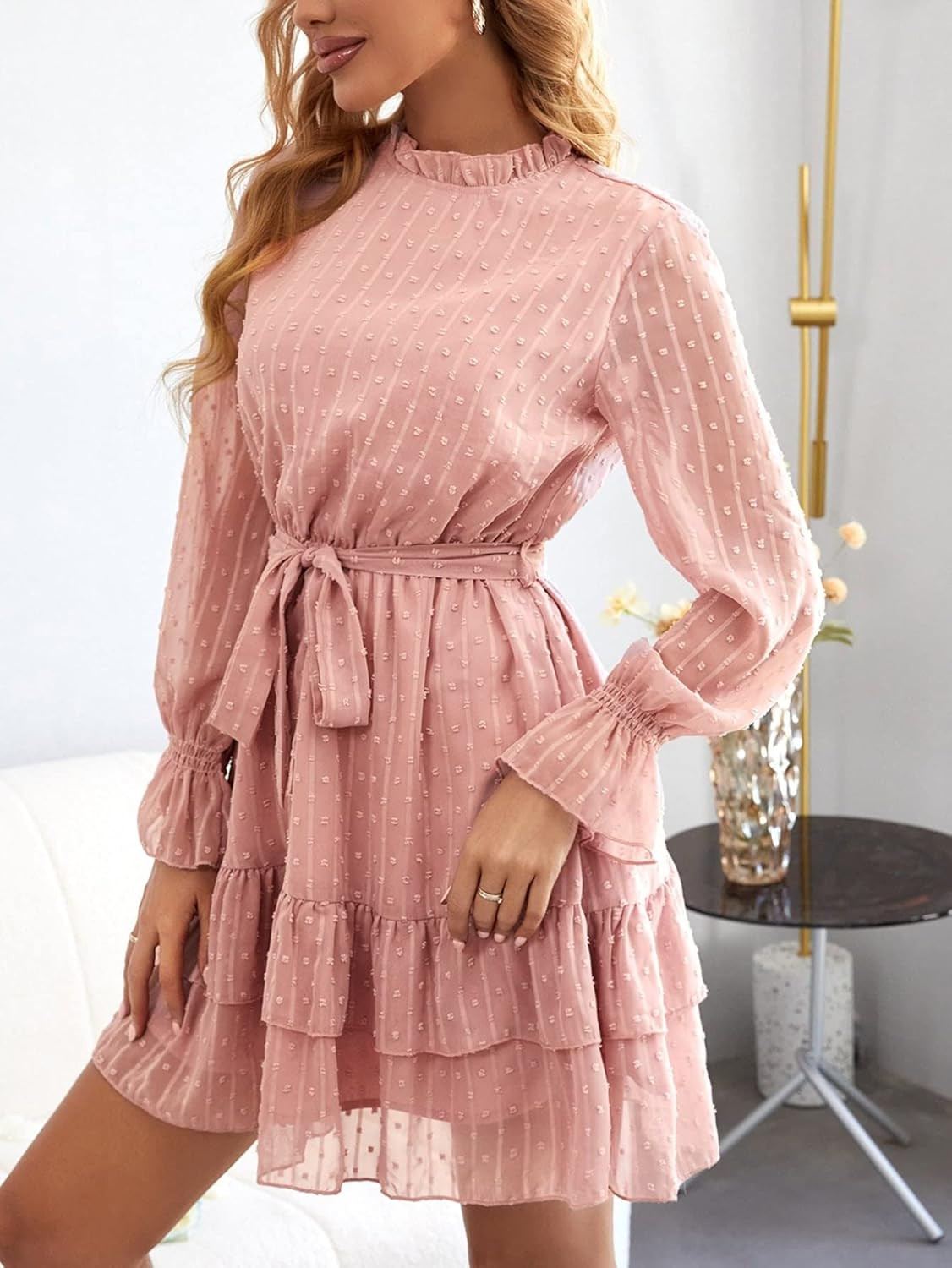 TOOSIS Summer Dress for Women Long Sleeve Dot Frill Neck Flounce Sleeve Ruffle Hem Belted Short D... | Amazon (US)