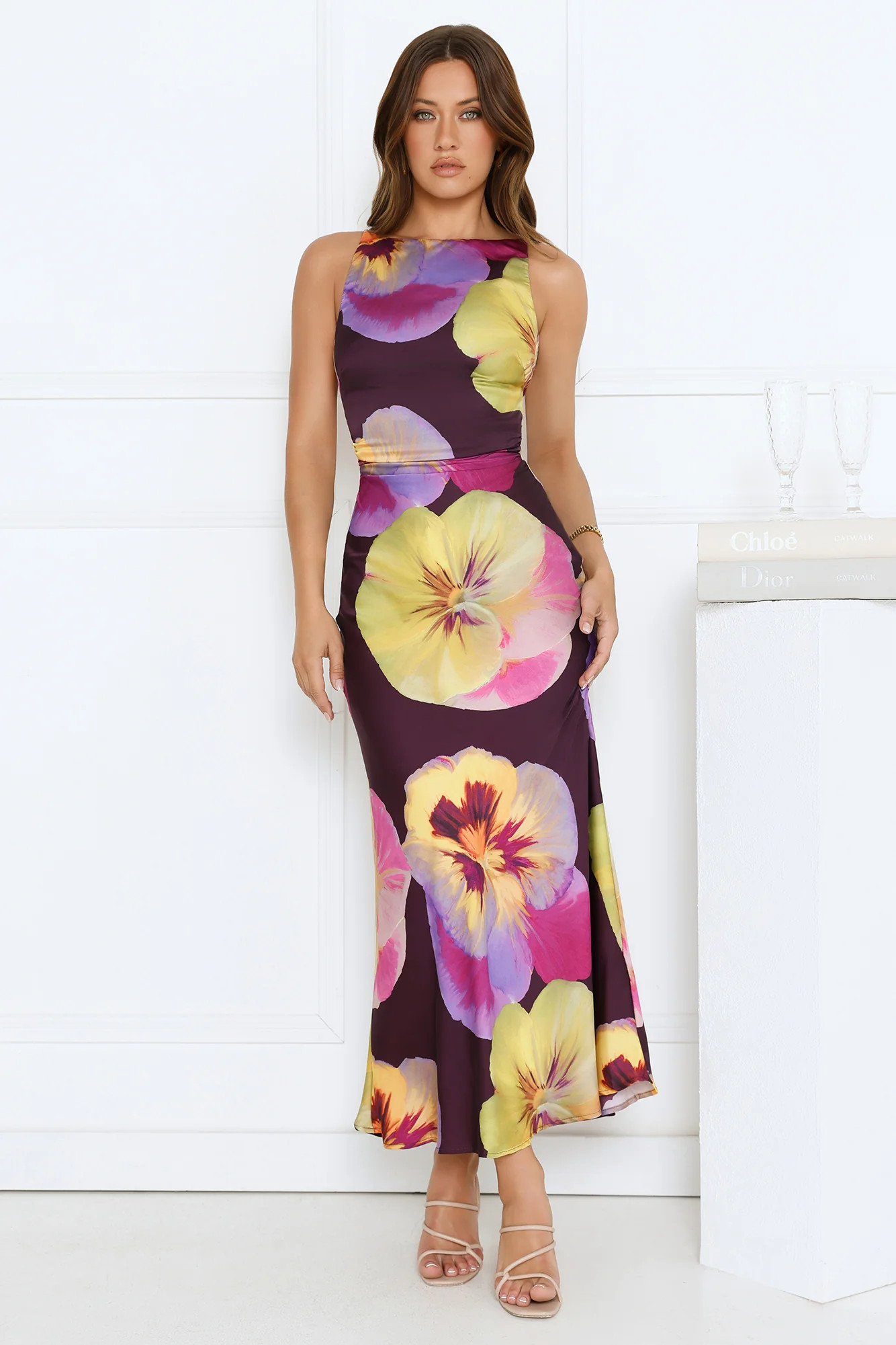Sunflower Soirée Satin Maxi Dress Purple | Hello Molly (US)