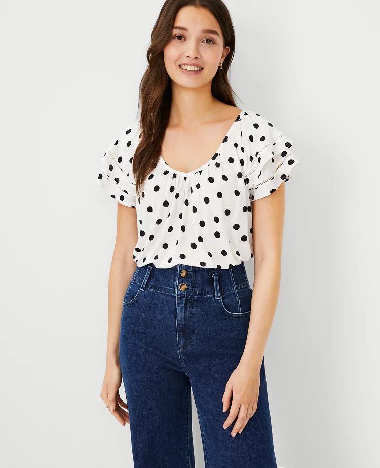 Dot Ruffle Sleeve V-Neck Top | Ann Taylor (US)