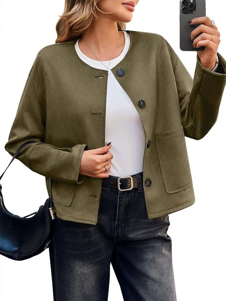 Cicy Bell Womens Faux Suede Leather Jackets Trendy Casual Cropped Outerwear Button Down Collarles... | Amazon (US)