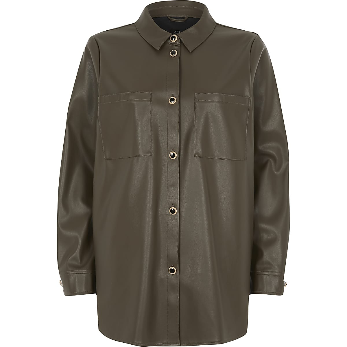 Khaki faux leather overshirt | River Island (US)