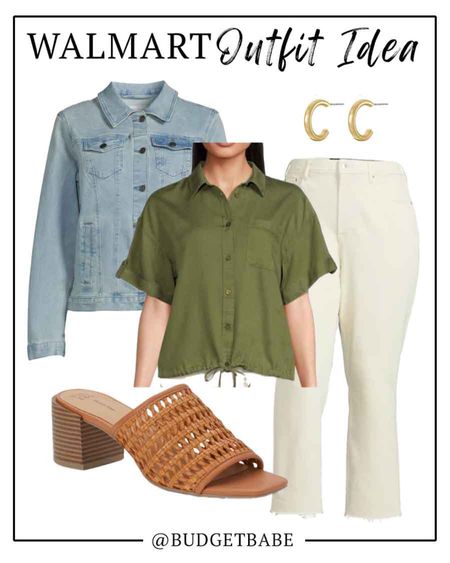 #ad Walmart outfit idea with this army green button down shirt sleeve shirt and off white denim, brown woven heeled mules #walmartfashion #walmart 

#LTKstyletip #LTKunder50