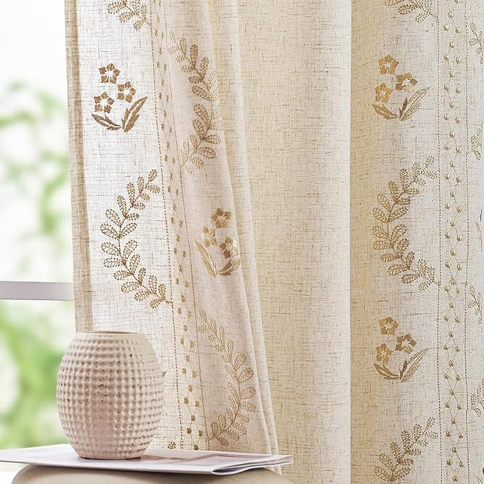 jinchan Linen Curtains for Bedroom Floral Curtains 84 Inch Length Linen Blend Beige Embroidered D... | Amazon (US)
