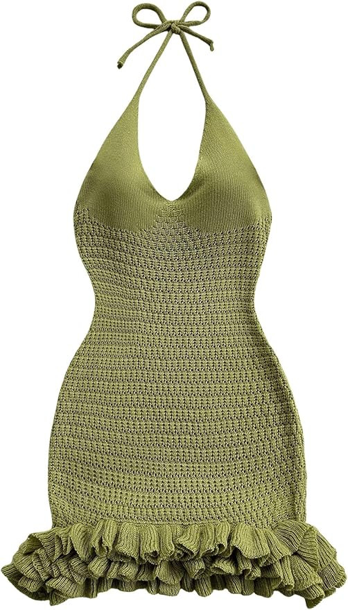 GORGLITTER Women's Crochet Halter Bodycon Mini Dress Bow Open Back Sleeveless Bubble Summer Knit ... | Amazon (US)