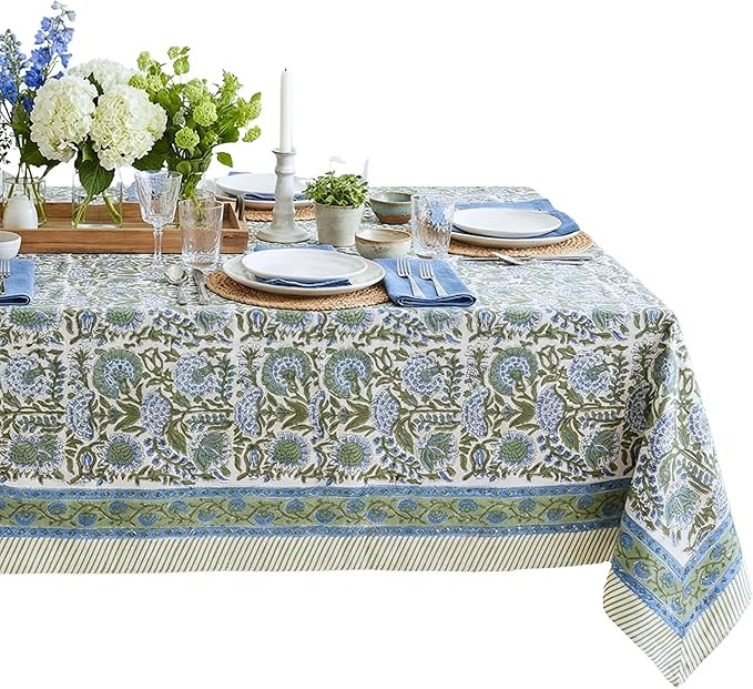 Clover Blue 100% Cotton Rectangle Fall Tablecloth, Handblock Floral Linen Table Cloth for Kitchen... | Amazon (US)