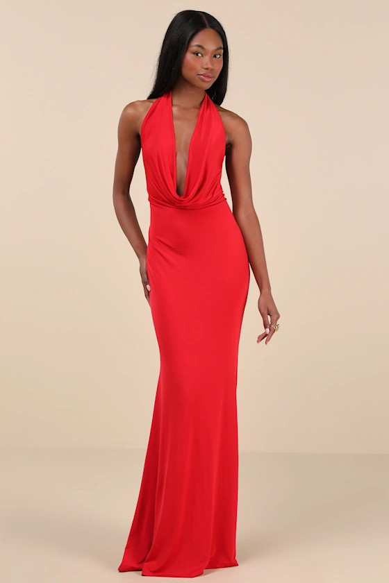 Eye-Catching Silhouette Red Cowl Neck Halter Maxi Dress | Lulus