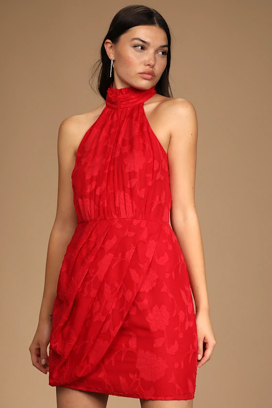 Chic Demeanor Red Floral Jacquard Halter Mini Dress | Lulus (US)