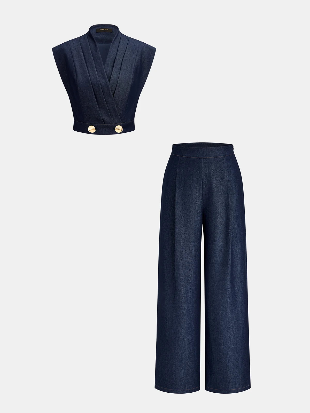 Pleated Faux Denim Two\u2011Piece Outfit | Commense