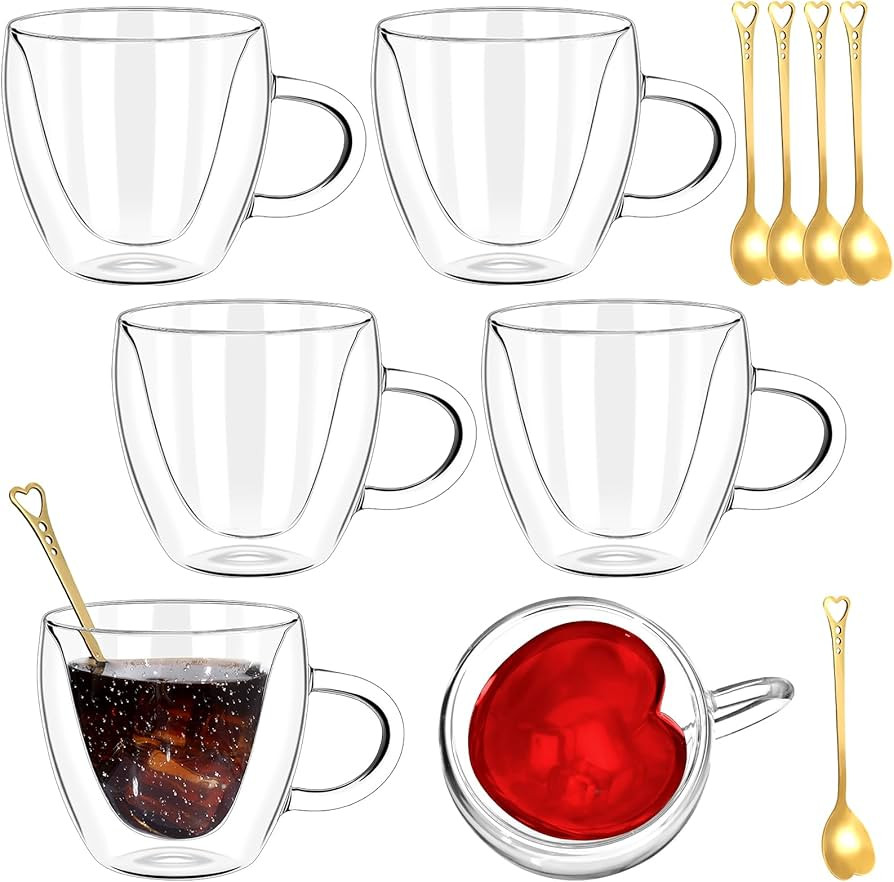 Layhit 6 Sets Heart Shaped Double Wall Glass Coffee Mugs with Spoons 8 oz Insulated Clear Glass E... | Amazon (US)