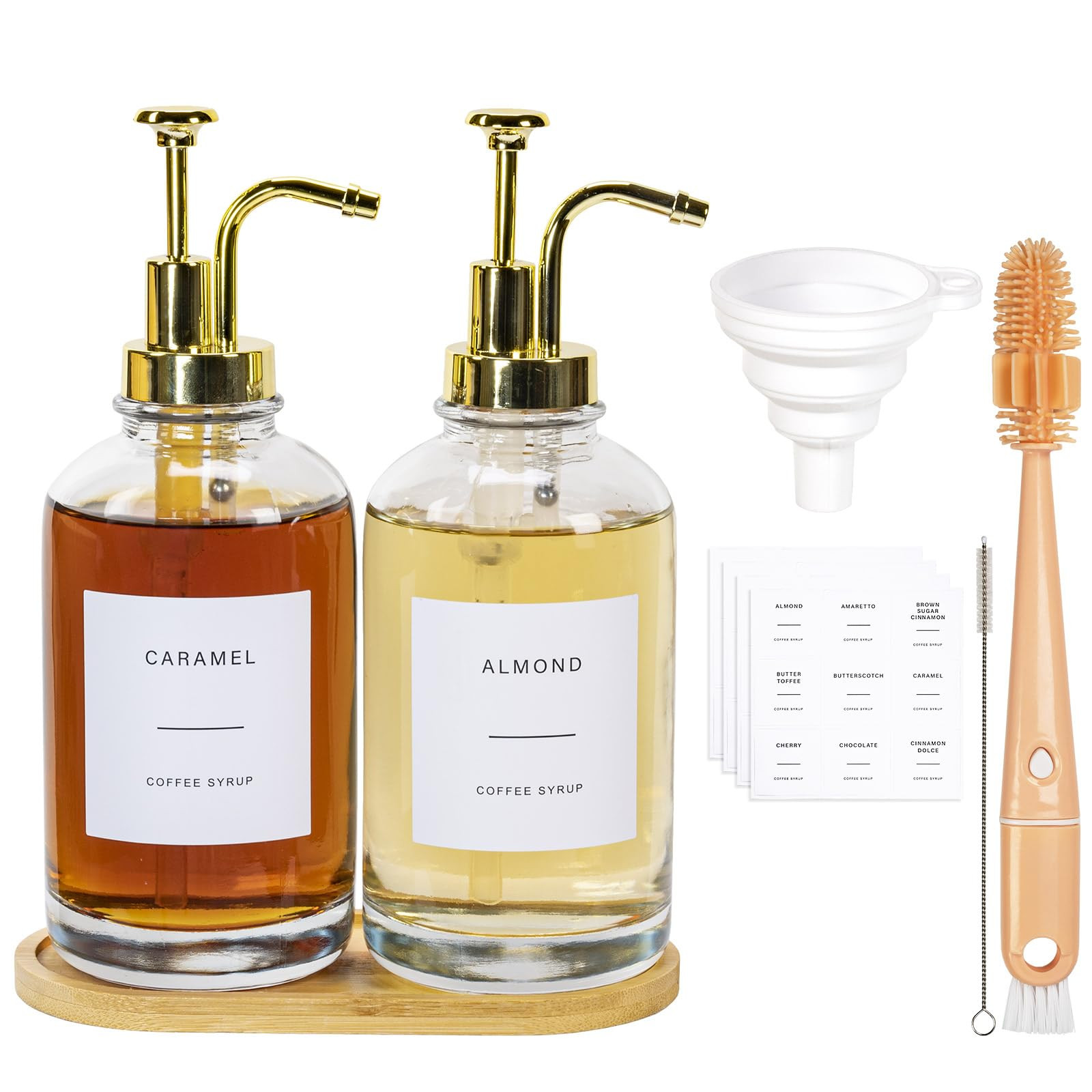 Coffee Syrup Dispenser, 500ml/16.9 oz Glass Syrup Bottle, 2 Pcs Syrup Pump Dispenser with Gold Pu... | Amazon (UK)