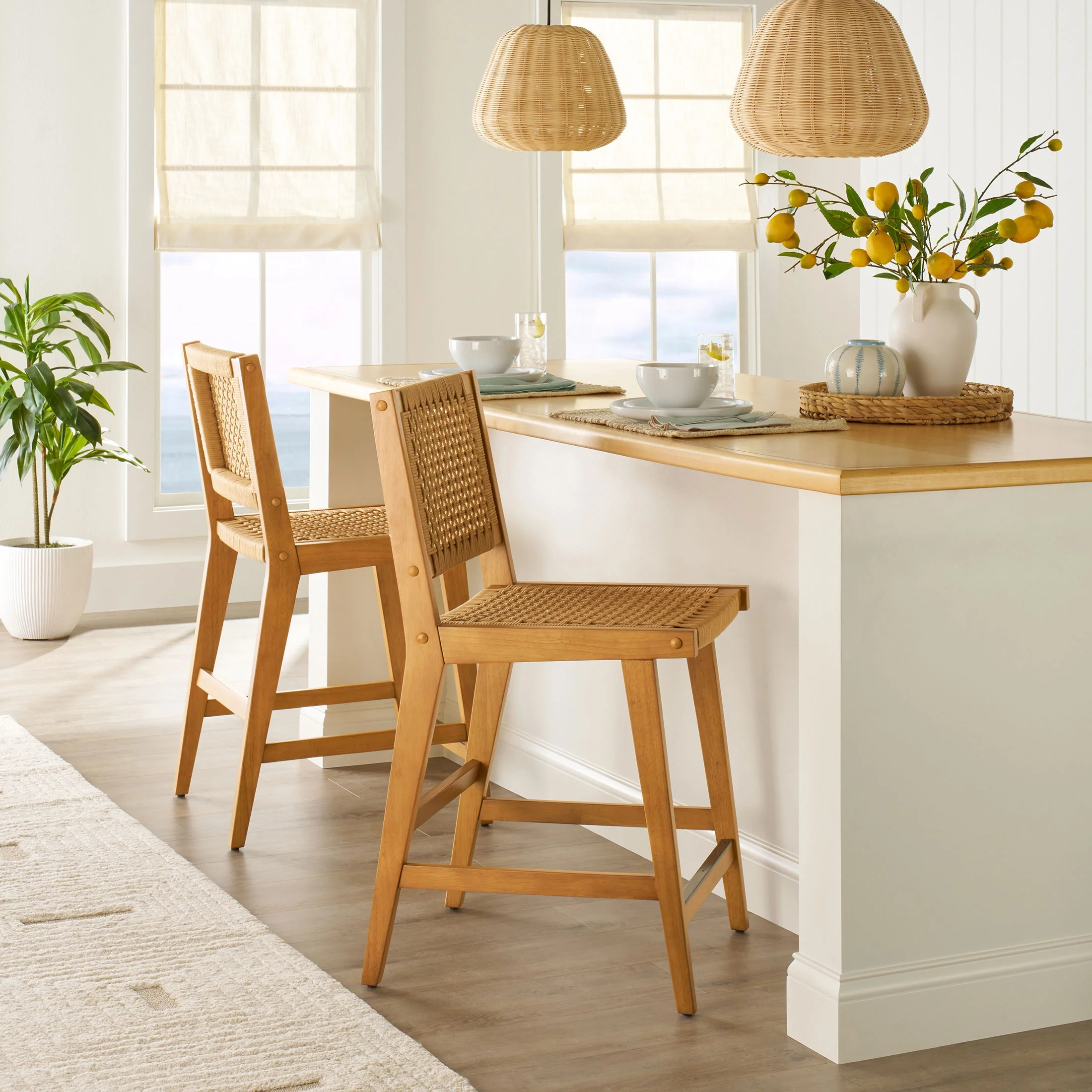 Better Homes & Gardens Vista Woven Counter-Height Stools 2 Pack, Light Honey Finish | Walmart (US)