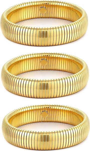Gold Bangles for Women Set of 3 Chunky Stretch Bangles Bracelets 24K Gold Plated Stainless Steel ... | Amazon (US)