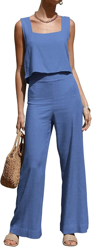 ROYLAMP Women's Summer 2 Piece Outfits Sleeveless Square Neck Tops Wide Leg Pants set Jumpsuit wi... | Amazon (US)