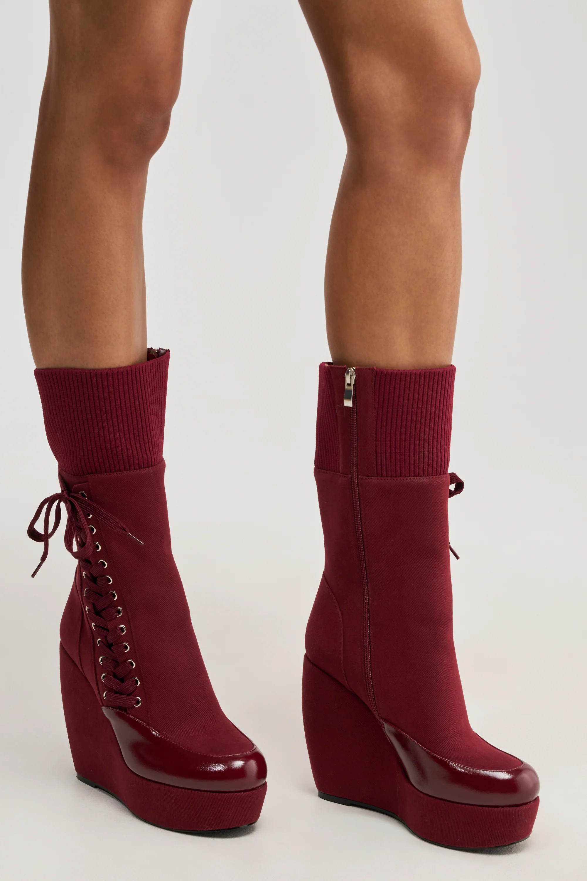 AKIRA GOLD WHATEVER BURGUNDY CANVAS WEDGE BOOTIE | AKIRA