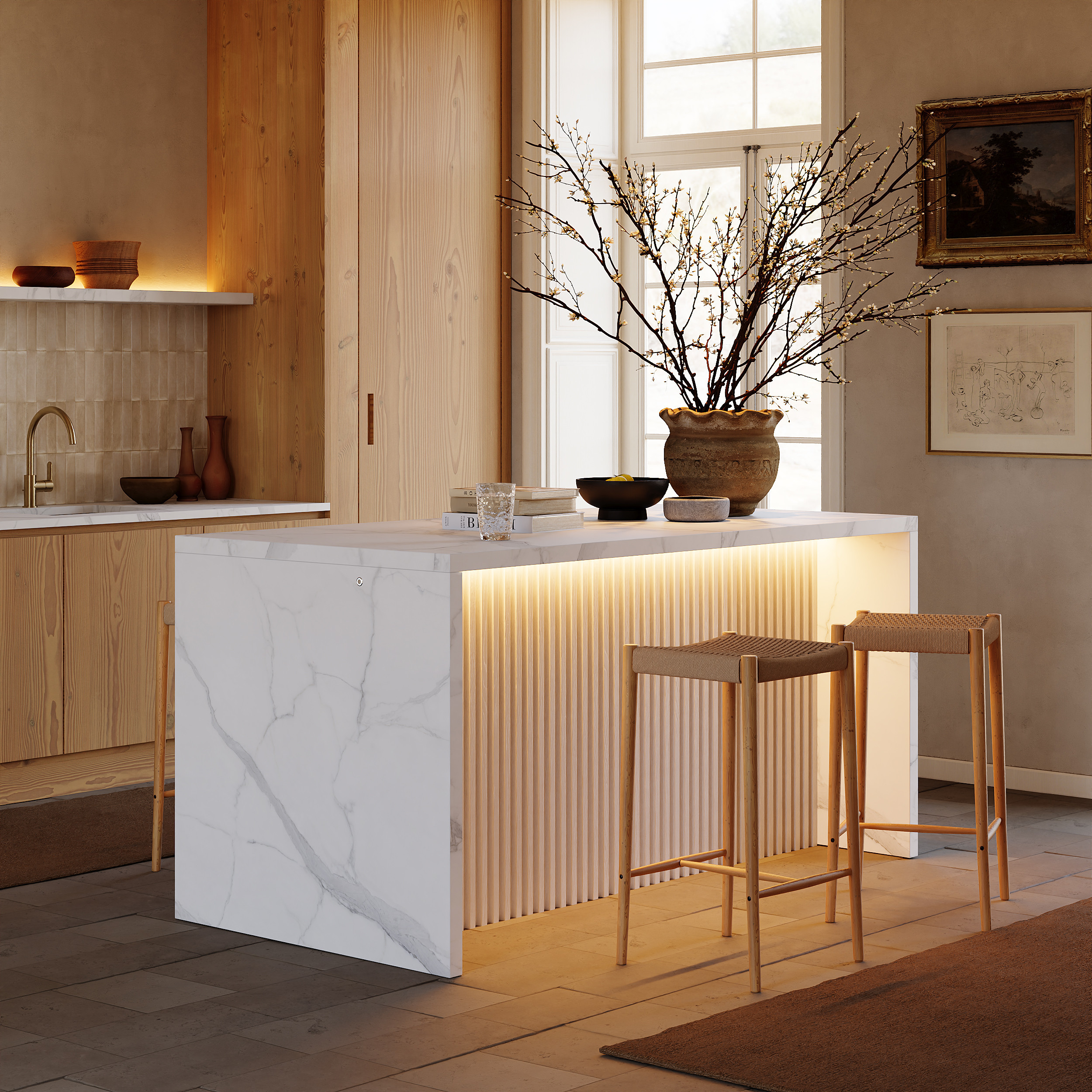 72"" Waterfall Wood Kitchen lsland Fluted Panel Design with & Storage & LED Light | Homary