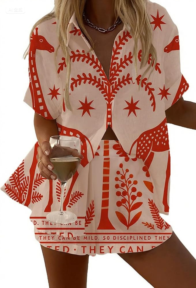 2 Piece Short Sets for Women Summer Boho Short Seeve Botton Down Shirts Matching Shorts Set Beach... | Amazon (US)