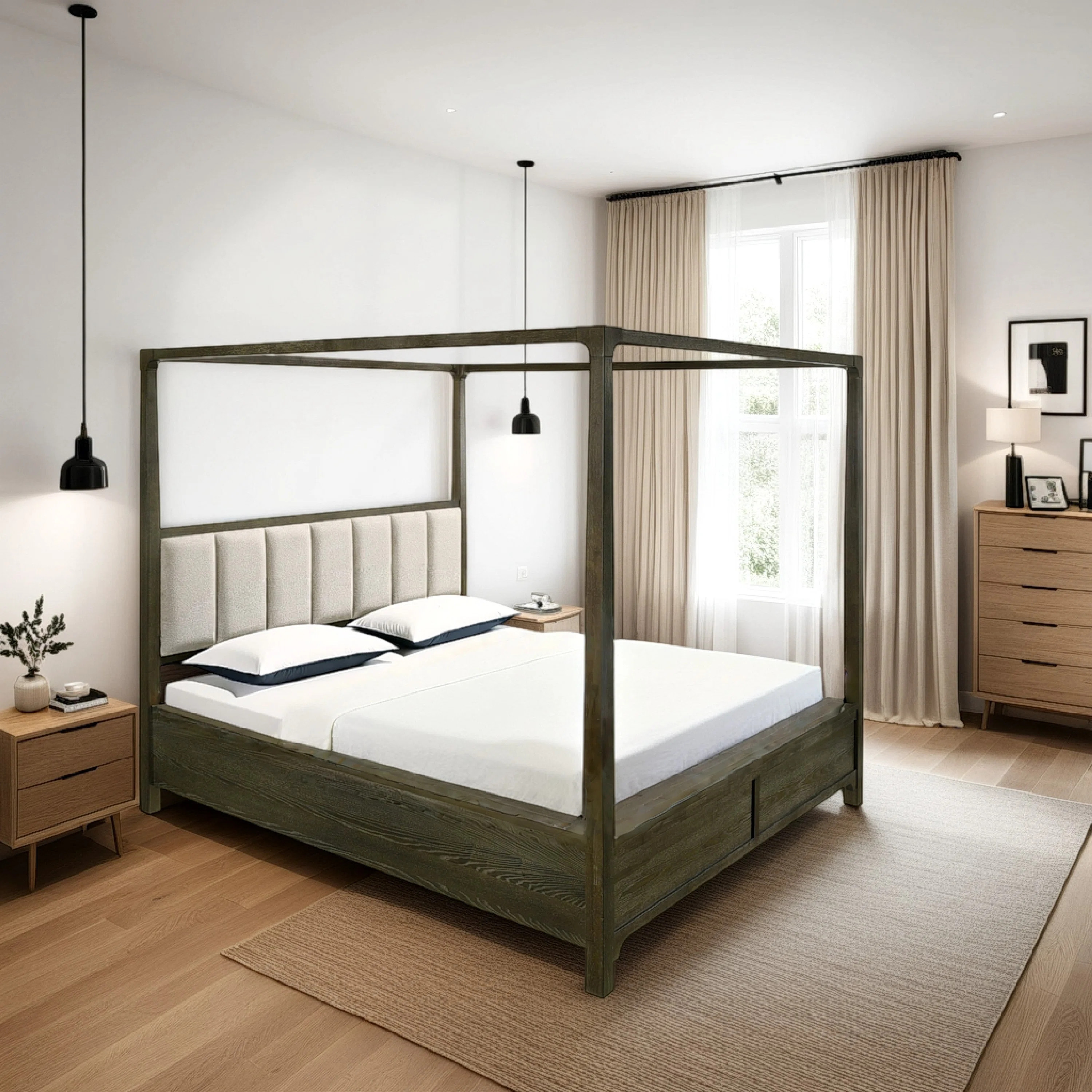 Seon Canopy Bed W 4 Posters, Ivory Upholstery, Dark Cocoa Brown | Wayfair North America