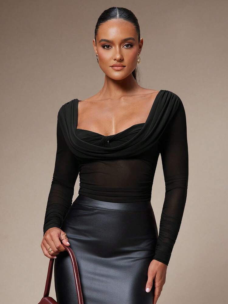 Silquee Women's Solid Color Scoop Neck Fitted Long Sleeve Top, Autumn,Black Top,Fall,Fall Clothes For Women | SHEIN