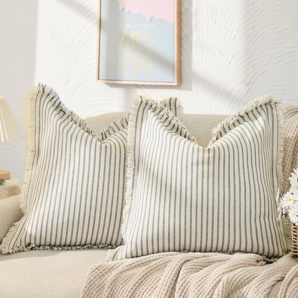 ZWJD Throw Pillow Covers 20x20 Set of 2 Striped Pillow Covers with Fringe Chic Cotton Decorative ... | Amazon (US)