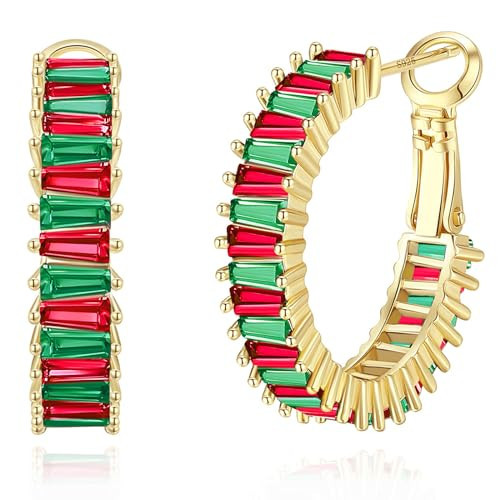 GLOQUAT Red and Green Christmas Hoop Earrings 14K Gold Plated Red and Green Hoops for Women 925 Sterling Silver Post Vintage Colorful Christmas CZ Gold Round Circle Hoop Trendy Jewelry Gift 25mm | Amazon (US)