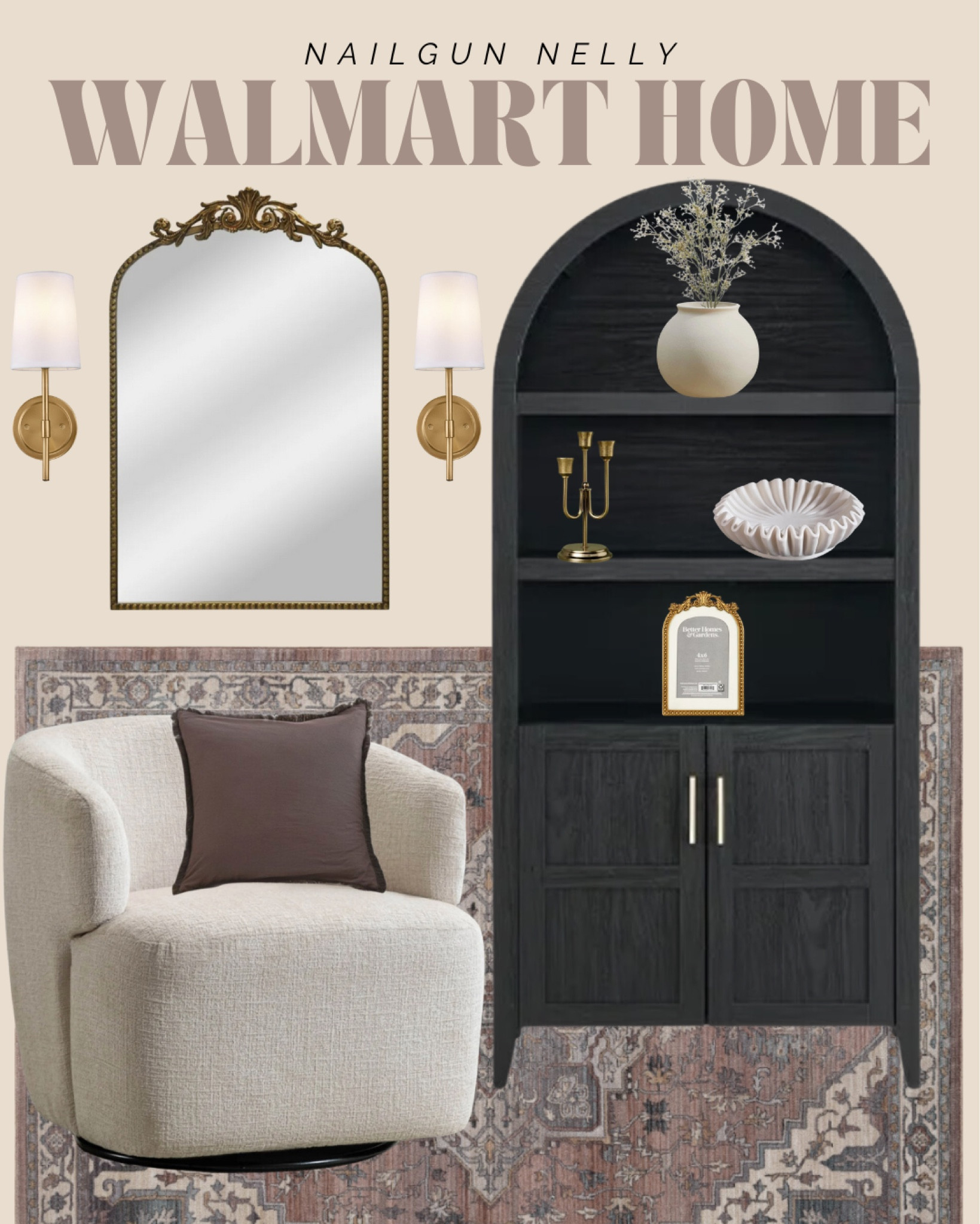 Walmart home decor!! Totally here for the trending arched black cabinet! 


Accent chair, wall mirror, sconces, arched cabinet styling, rug, decorative bowl, vase, stems, Walmart home, affordable home, throw pillow  

#LTKFindsUnder100 #LTKStyleTip #LTKHome