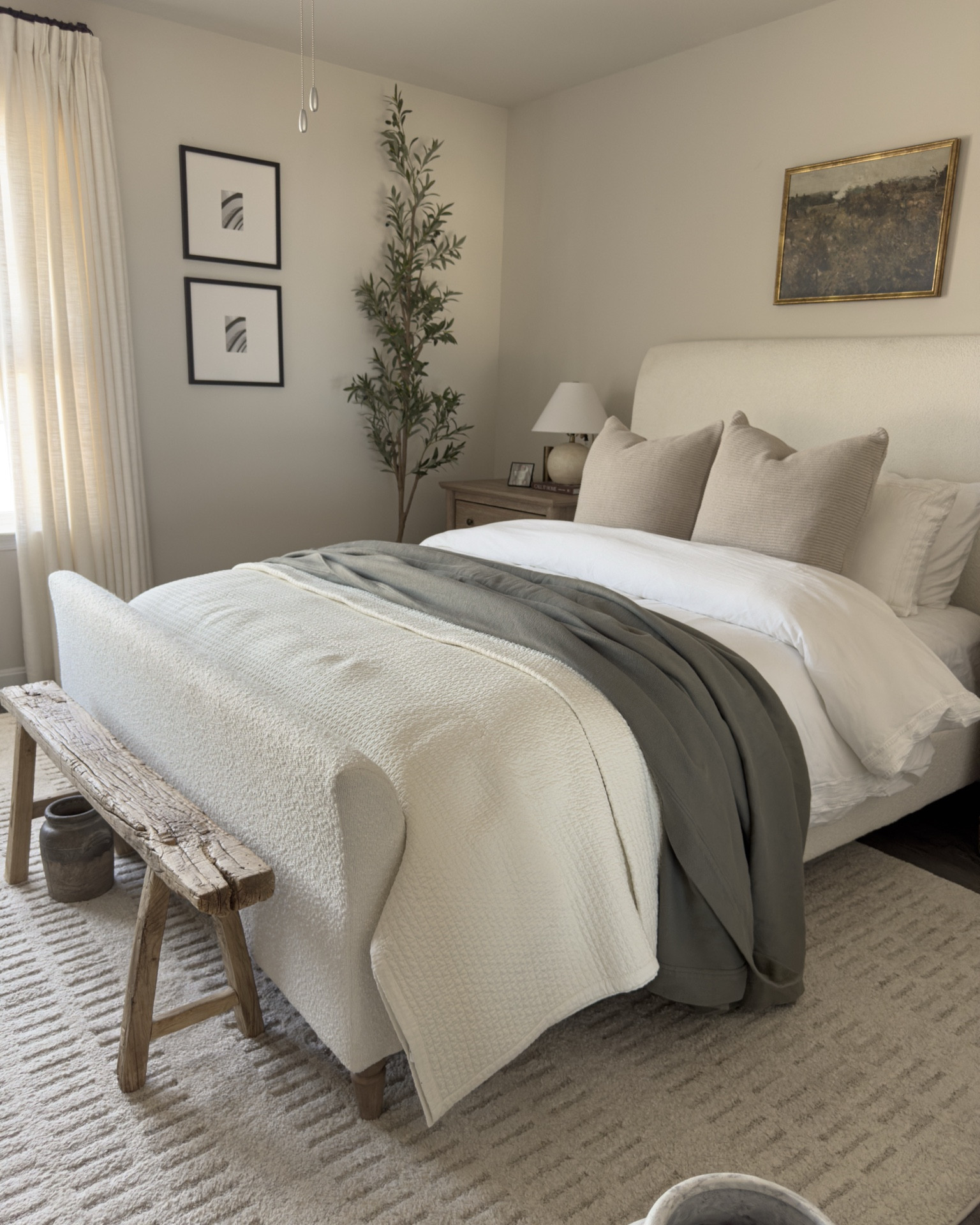 Bedding Finds, layered bedding, bed pillows, throw pillows, organic bench, skinny bench, gallery wall, olive tree, Loloi rug, euro pillows, duvet cover, throw blanket, boucle bed

#LTKHome
