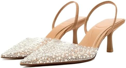 MRKEWUNEY Fashion Rhinestone Clear Slingback Pumps Shoes for Women Pointed Toe PVC Kitten Heels | Amazon (US)