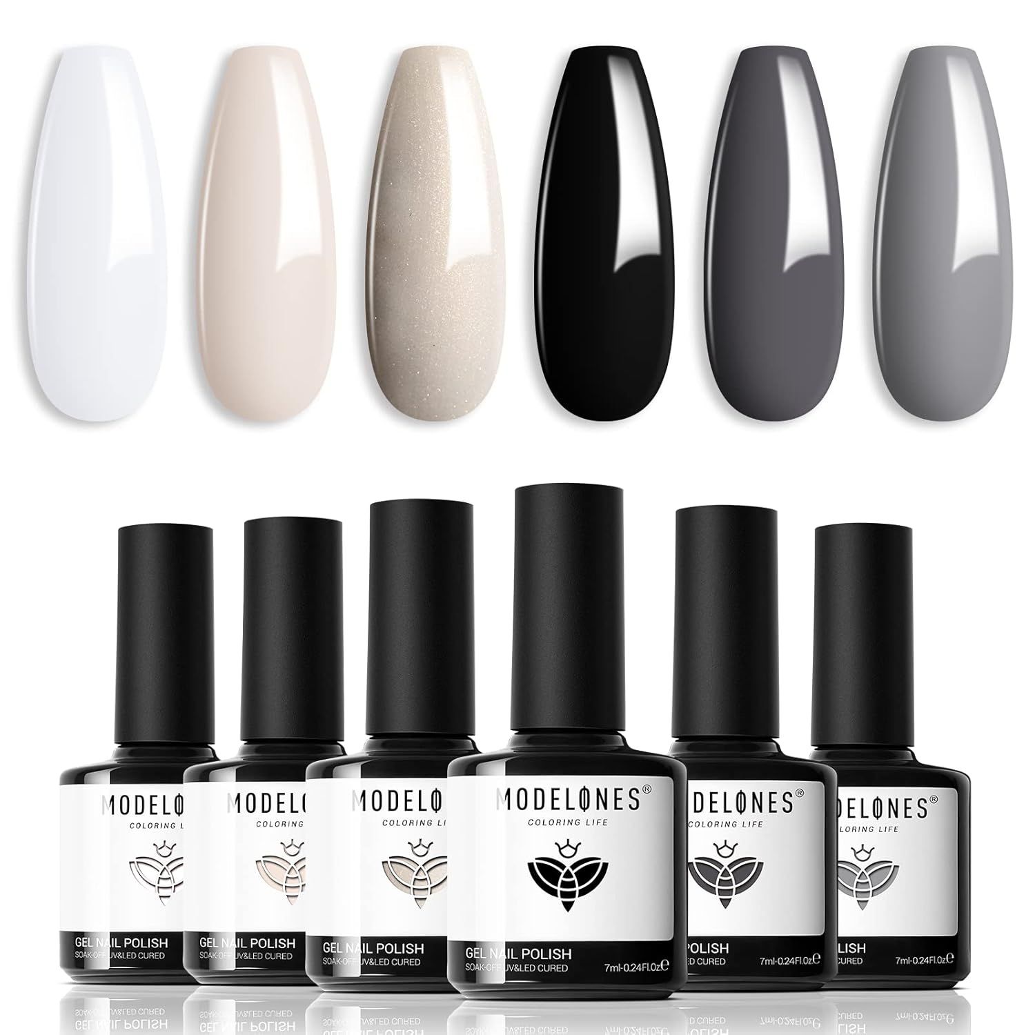 Modelones Neutral Gel Nail Polish Set - 6 Colors Milky White Nude Gray Black Glitter Gel Nail Pol... | Amazon (US)