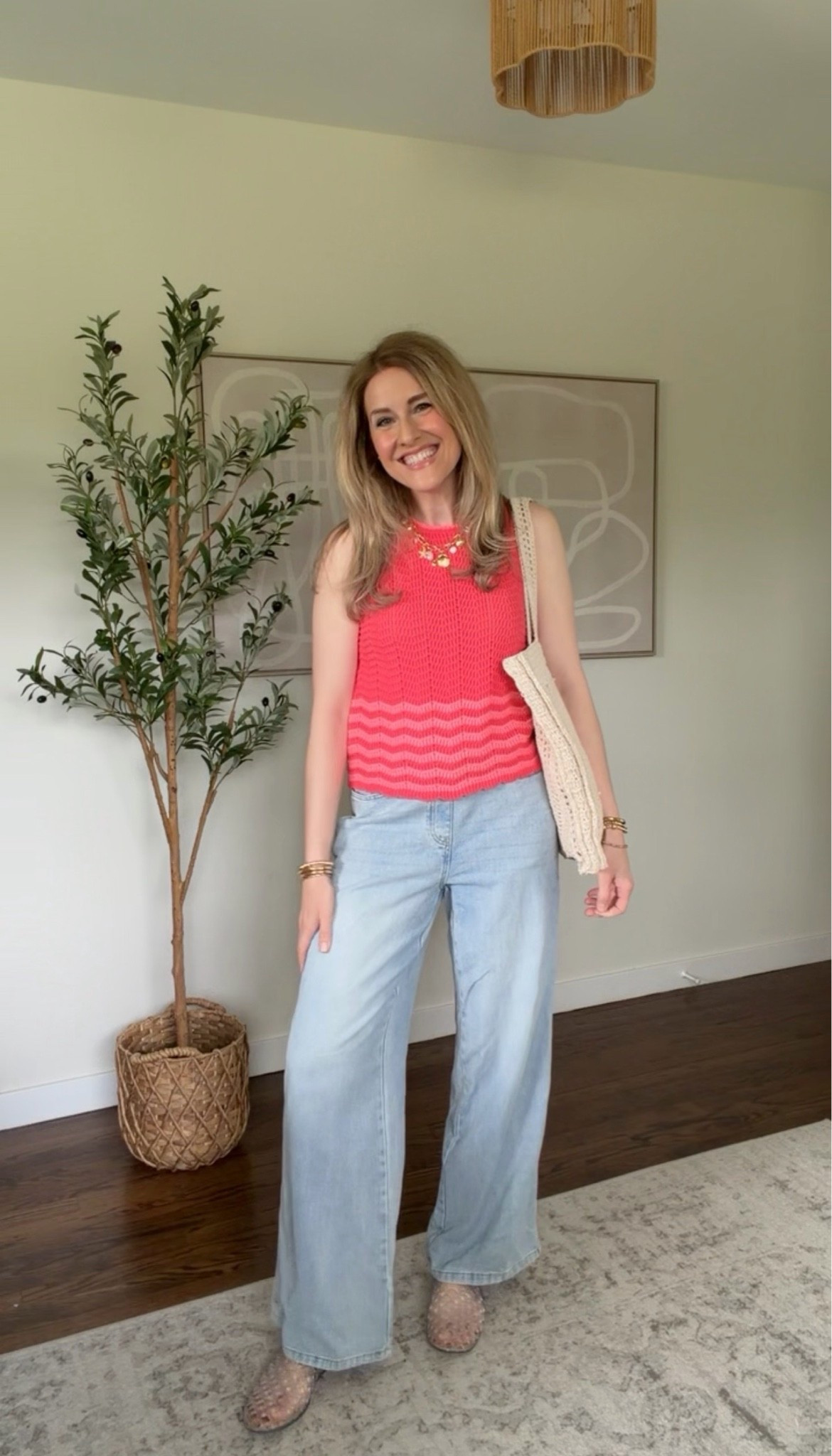 Walmart wide leg drawstring jeans, mid rise, not stretchy, comfy and good length! Fit true to size, I’m in the size small. Size XL in this girls crochet tank. #walmartfashion

#LTKOver40