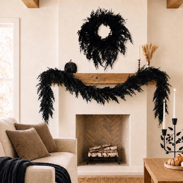 My Texas House Halloween Drapey Faux Cedar Wreath, Black, 24" | Walmart (US)
