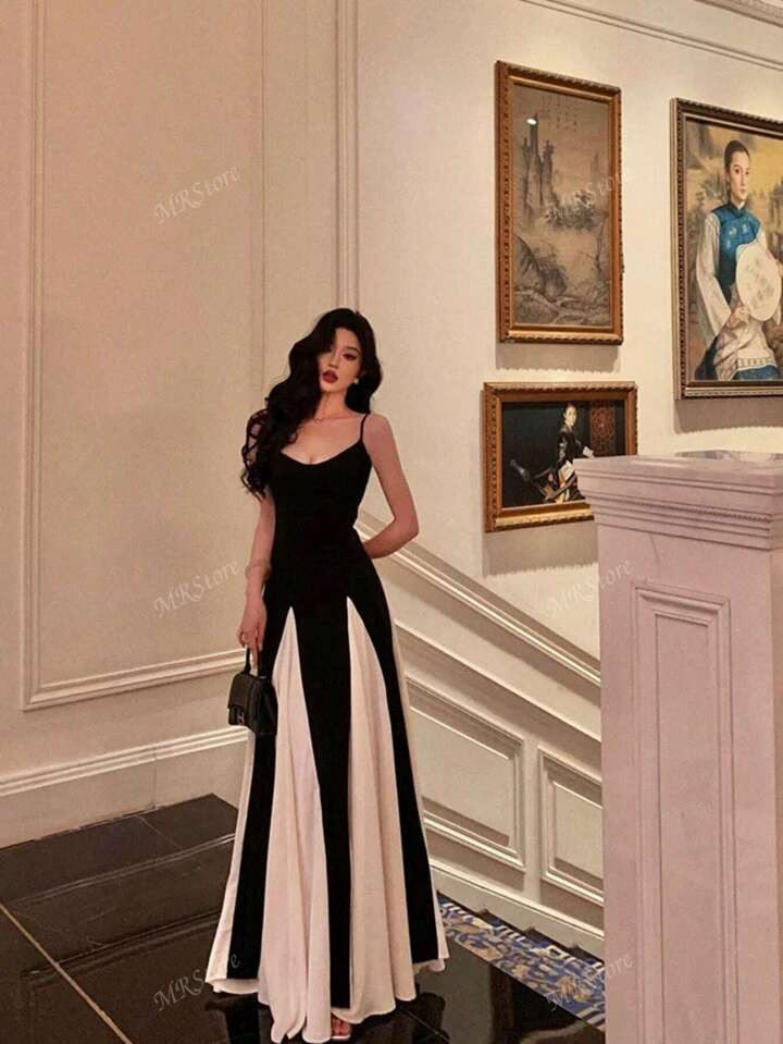 New 2025 Celebrity Inspired Black & White Sexy Elegant Spaghetti Strap Backless Bodycon A-Line Dress With Padded Bust, Suitable For Wedding, Dance Performance, Cocktail Party, Evening Gown, Formal, For Wedding Guest | SHEIN