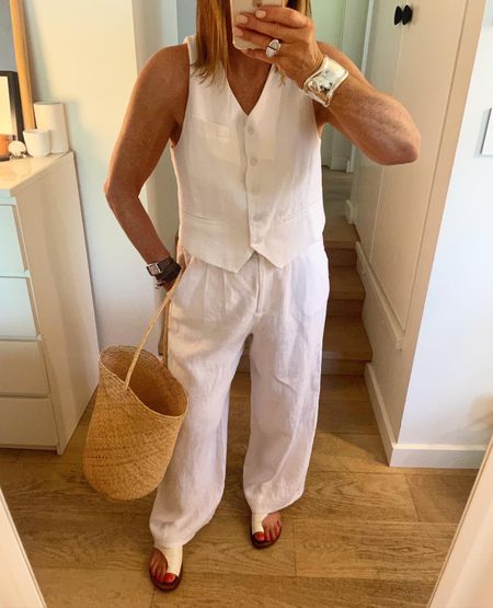 Love a matching set ! 
Especially a white linen set. 
It makes life easier. 
Do you remember these wide leg linen pants I nabbed from @aerelabel ? 
I’ve given them a good workout again this summer! 
Easy. cool. Comfortable. Chic. 
What’s to love ?
With a waistcoat you get the structure & tailoring of a blazer but without dying of heat exhaustion. 
So you feel cool. And look it too.
BTW As it gets a bit chilly the @aerelabel blazer in beige ( lived in this !) is handy to toss on your shoulders. Swipe 👉👉👉

#LTKSeasonal #LTKaustralia #LTKstyletip